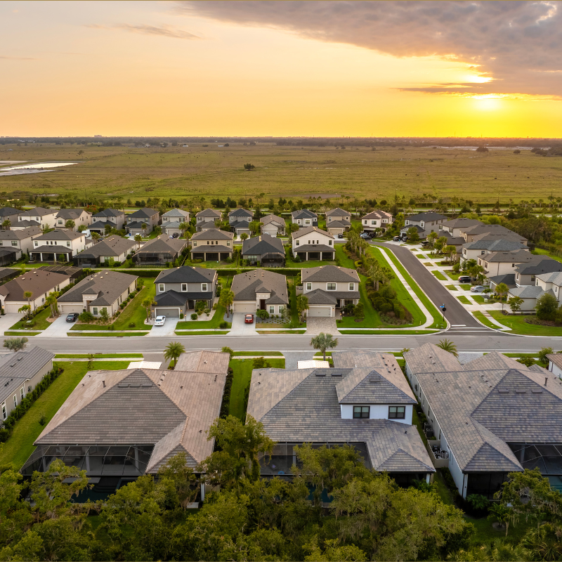 Aerial views of homes in a community