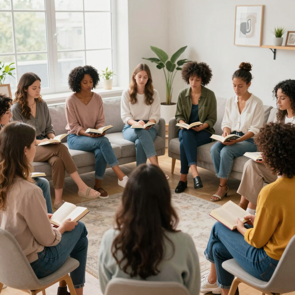 Diverse group of women sitting in a bright living room for a support group meeting or book club.