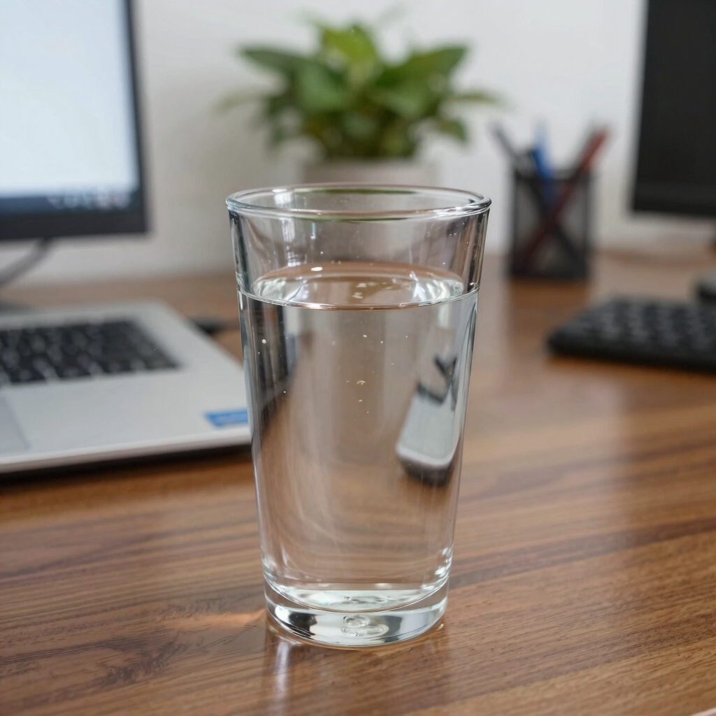 Close-up of a clear glass filled with sparkling filtered water on a white table.