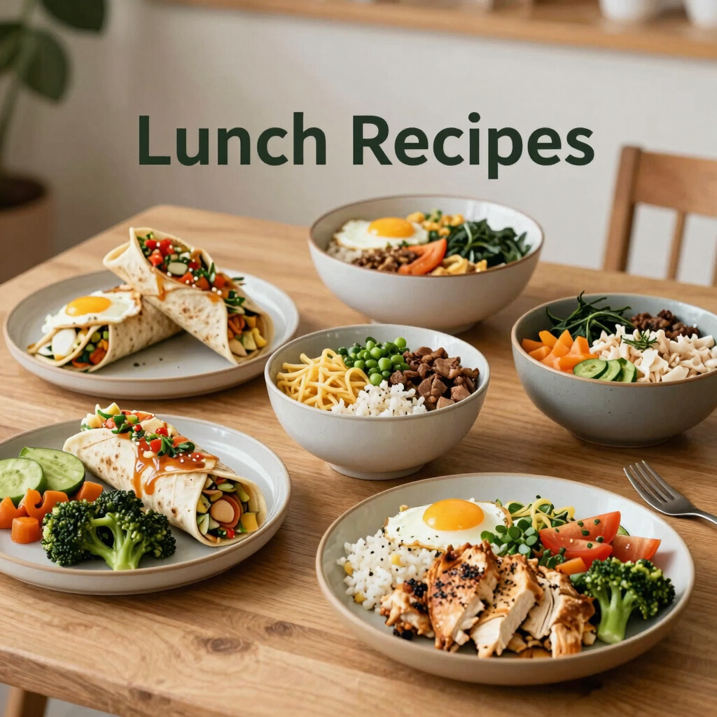 A variety of high-protein healthy lunches including chicken salad, veggie wraps, and grain bowls.