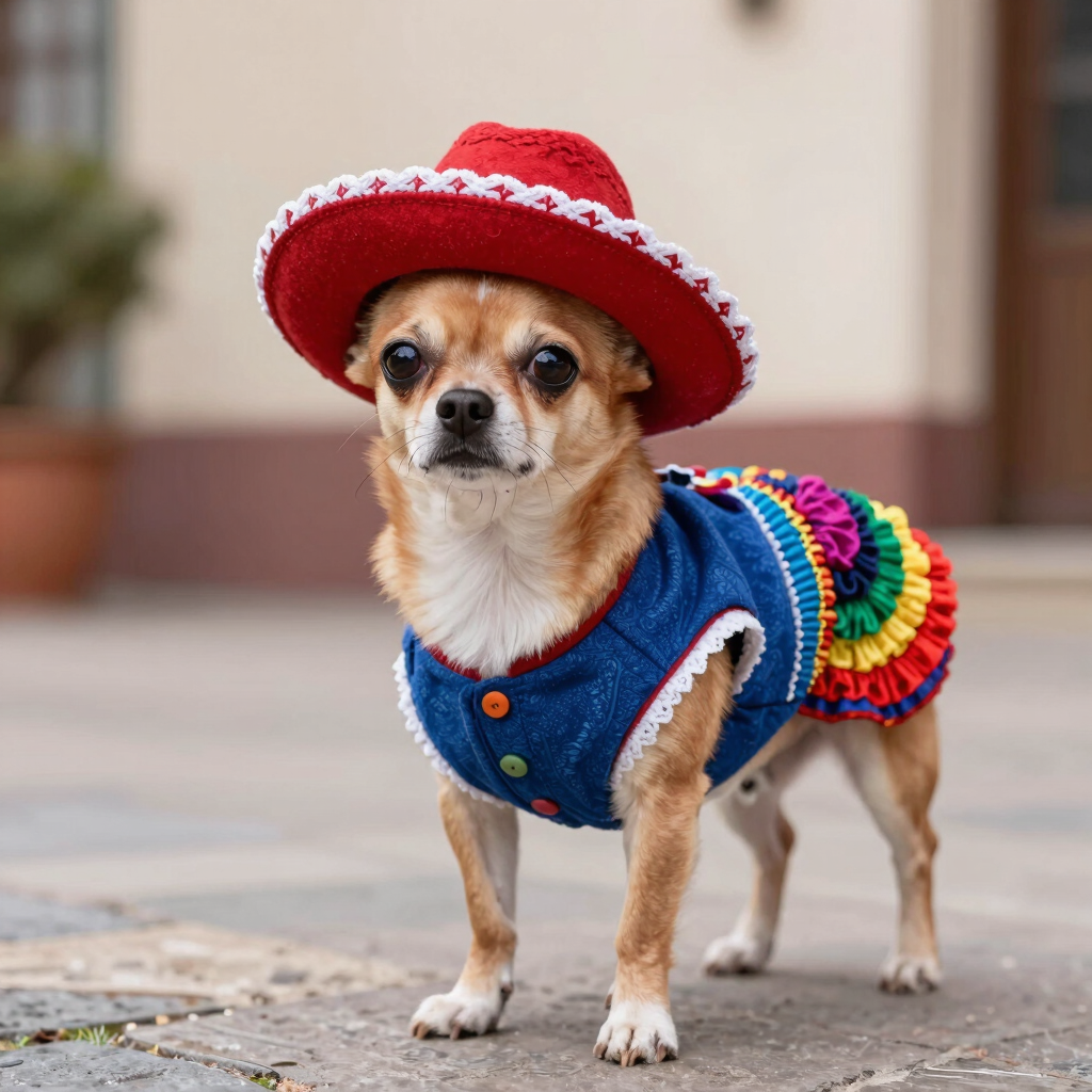 Un pequeño perro chihuahua con un sombrero mexicano tradicional y un colorido atuendo festivo.
