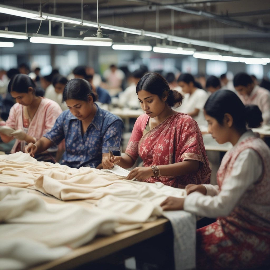 A skilled tailor carefully stitching a vibrant school uniform in a bright, organized factory setting.