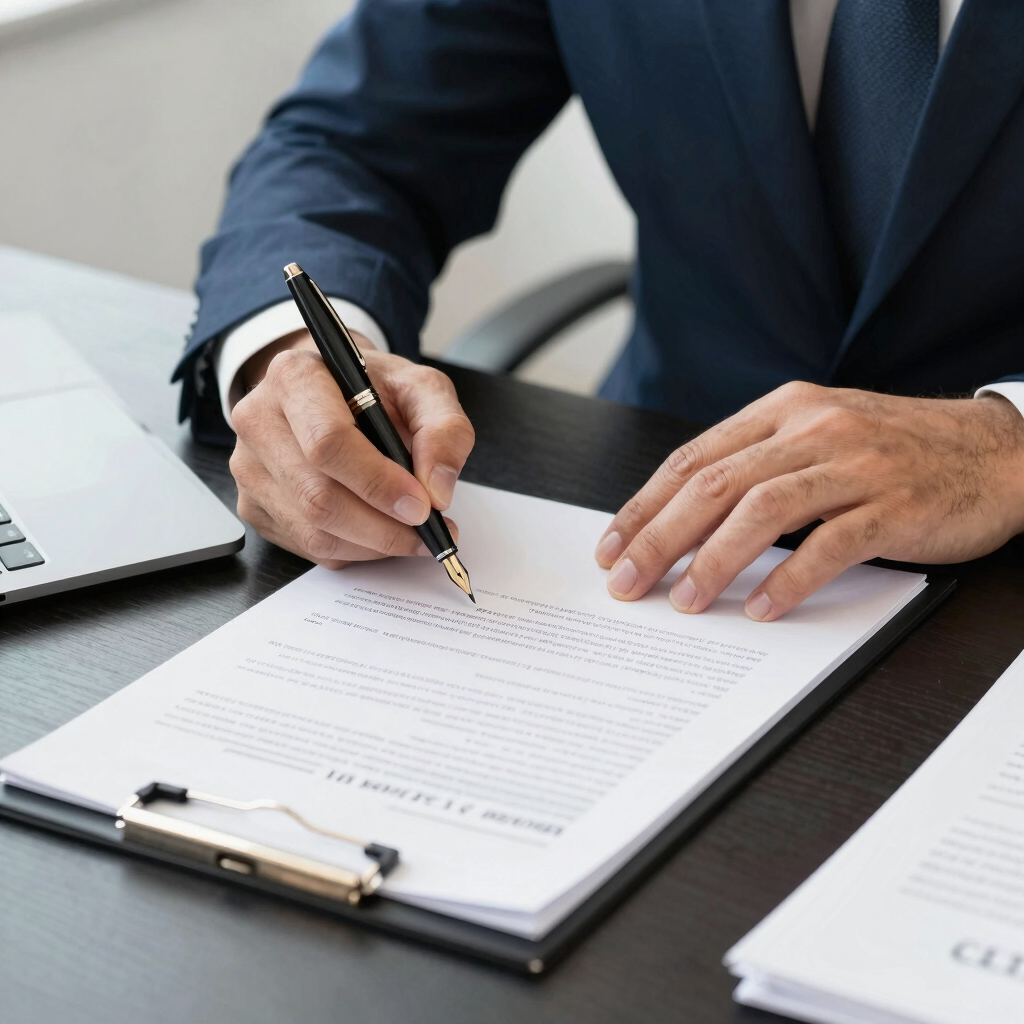 A businessman in a suit signing a formal legal document with a fountain pen on a black desk.