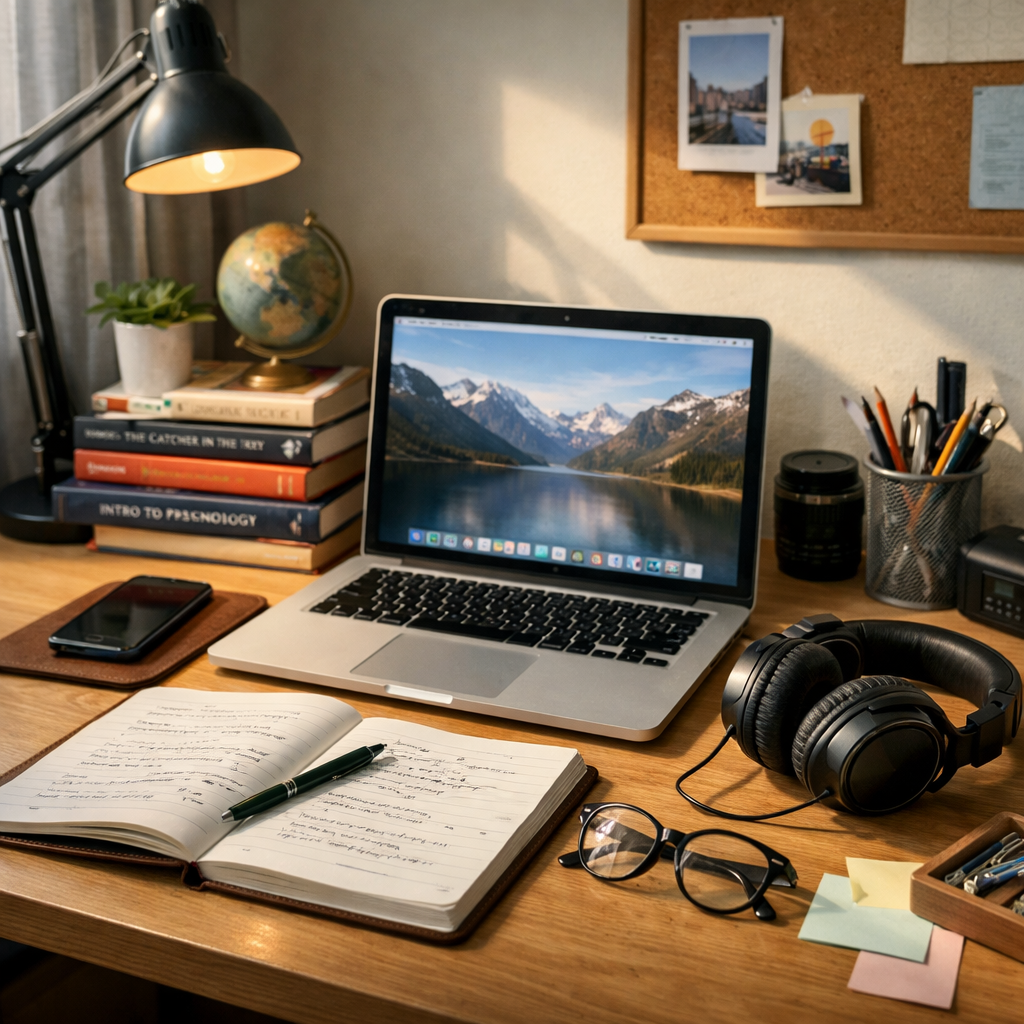 Productive home office desk with laptop, open notebook, headphones, and desk lamp.