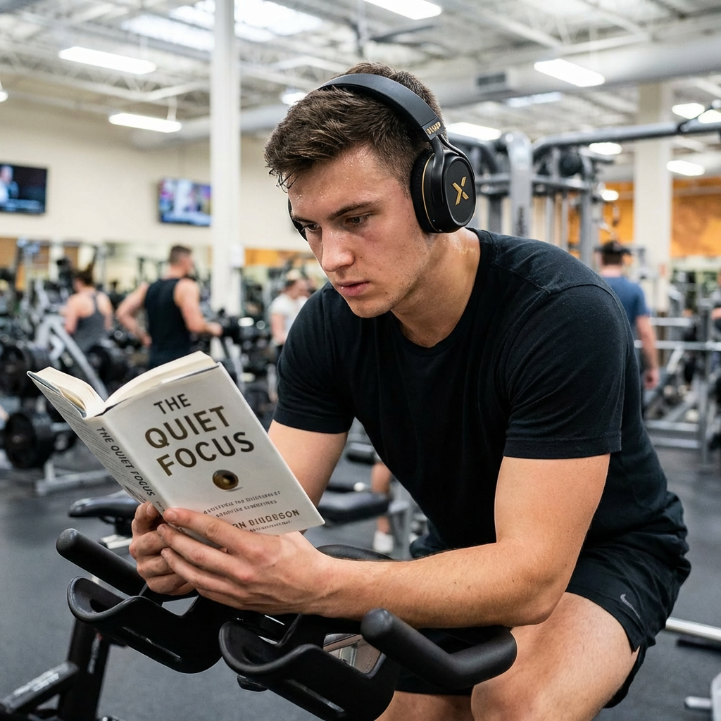 Young man with headphones reading a book while riding a stationary exercise bike in a gym.
