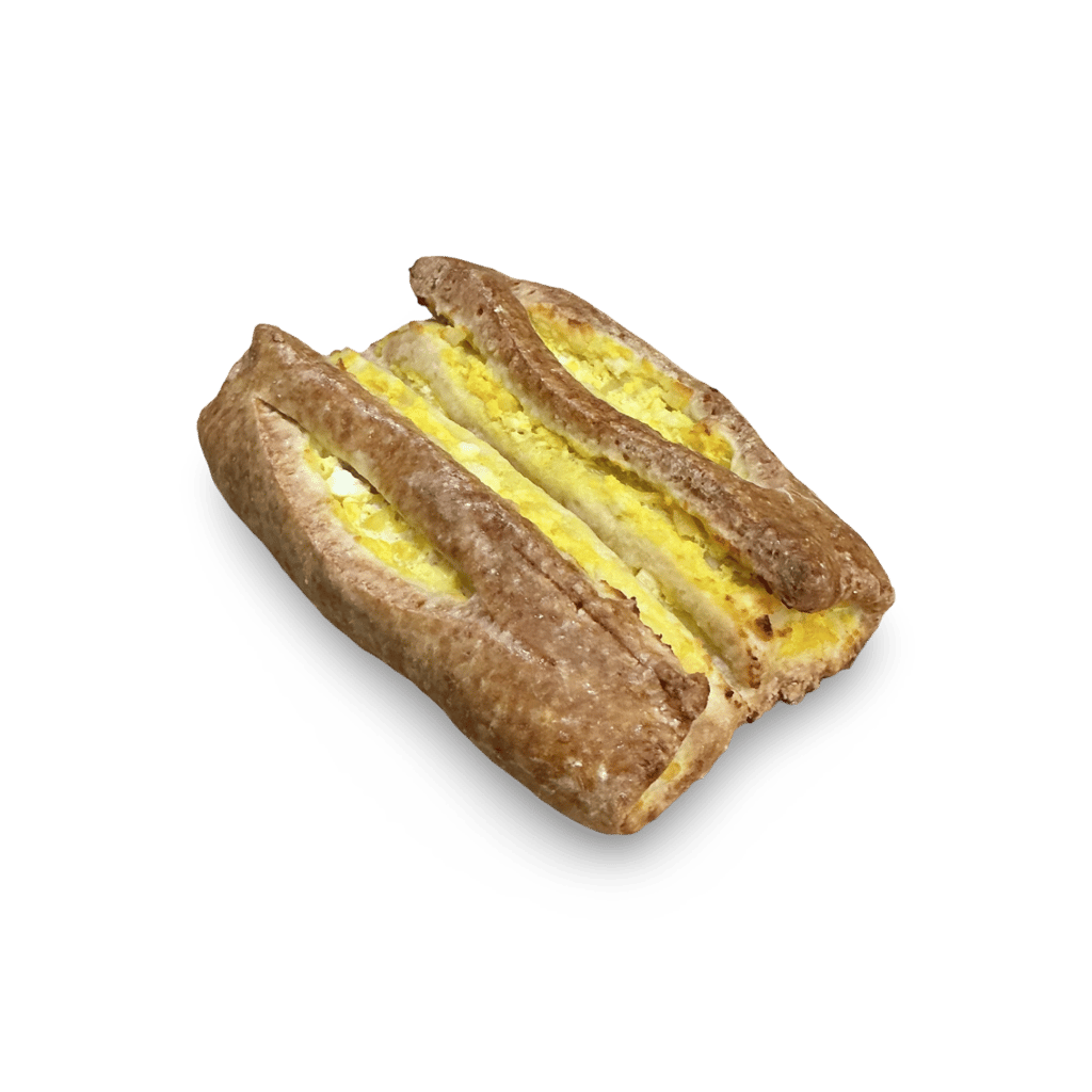 Golden brown puff pastry strudel with a savory yellow egg and cheese filling.
