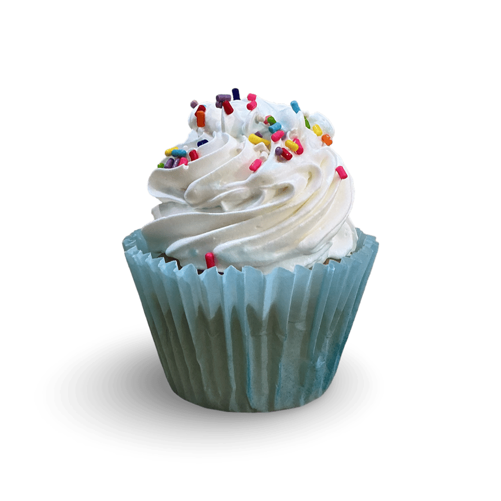 Vanilla cupcake with white buttercream frosting and rainbow sprinkles on a black background.