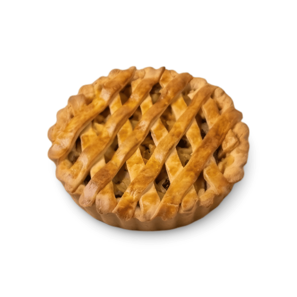 Golden brown lattice crust apple pie with a fluted edge isolated on a black background.