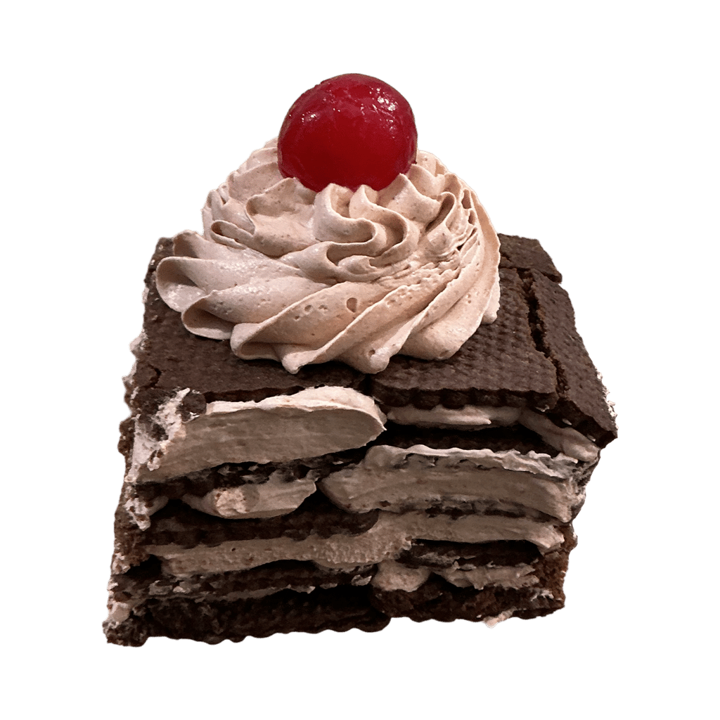 Layered chocolate wafer cake slice with mocha frosting and a red cherry on top.