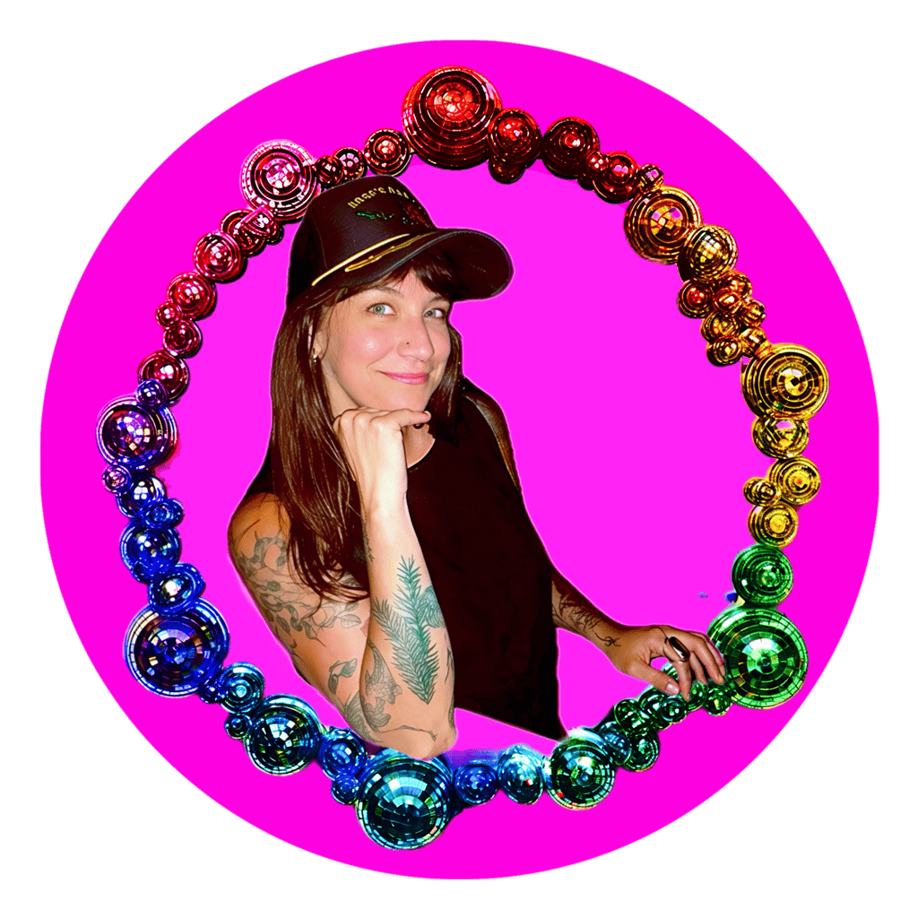 Headshot of Grayson surrounded by rainbow disco balls on a pink background 