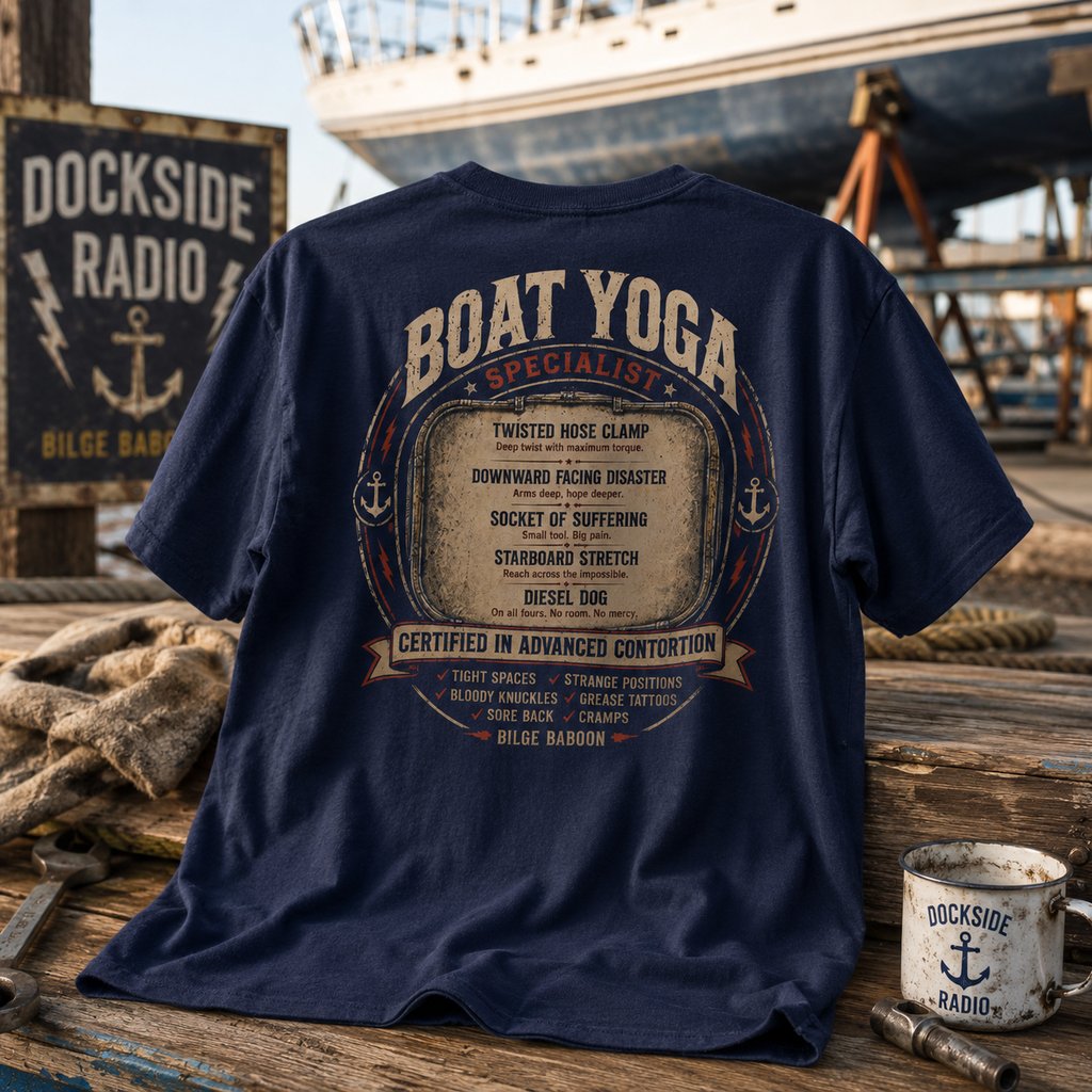 Navy blue boat yoga specialist t-shirt displayed on a wooden dock next to a nautical mug and ship.