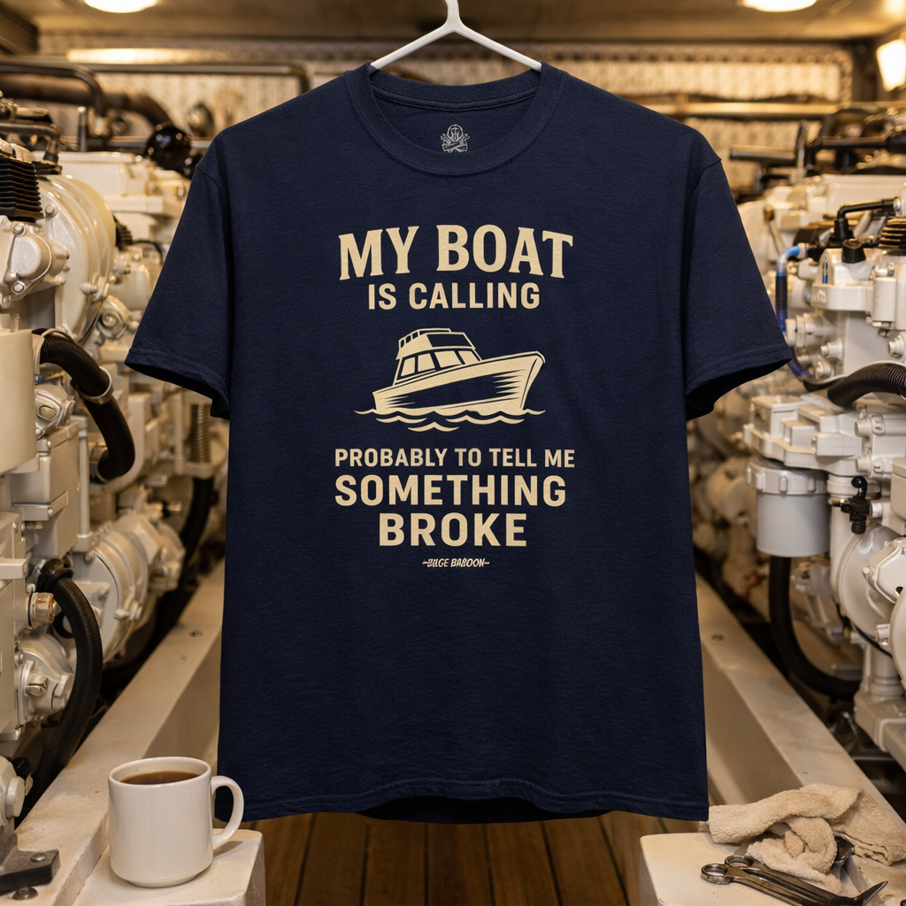 Funny navy blue boating t-shirt with a graphic saying My Boat Is Calling Probably To Tell Me Something Broke.