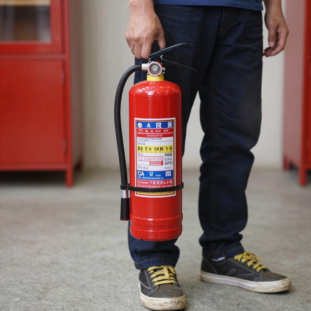Close-up of a red fire extinguisher mounted on a clean white wall in a modern office setting
