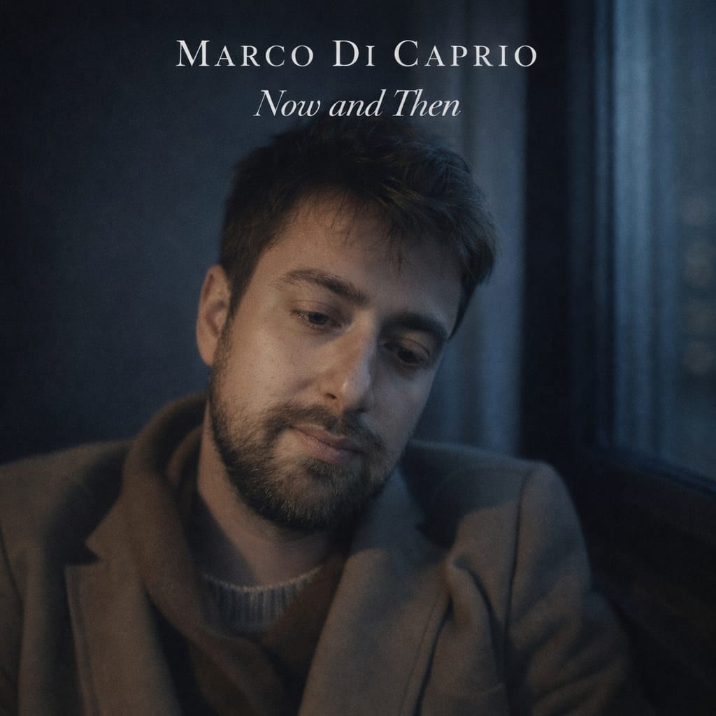 Marco Di Caprio album cover for Now and Then featuring a bearded man in a brown coat.