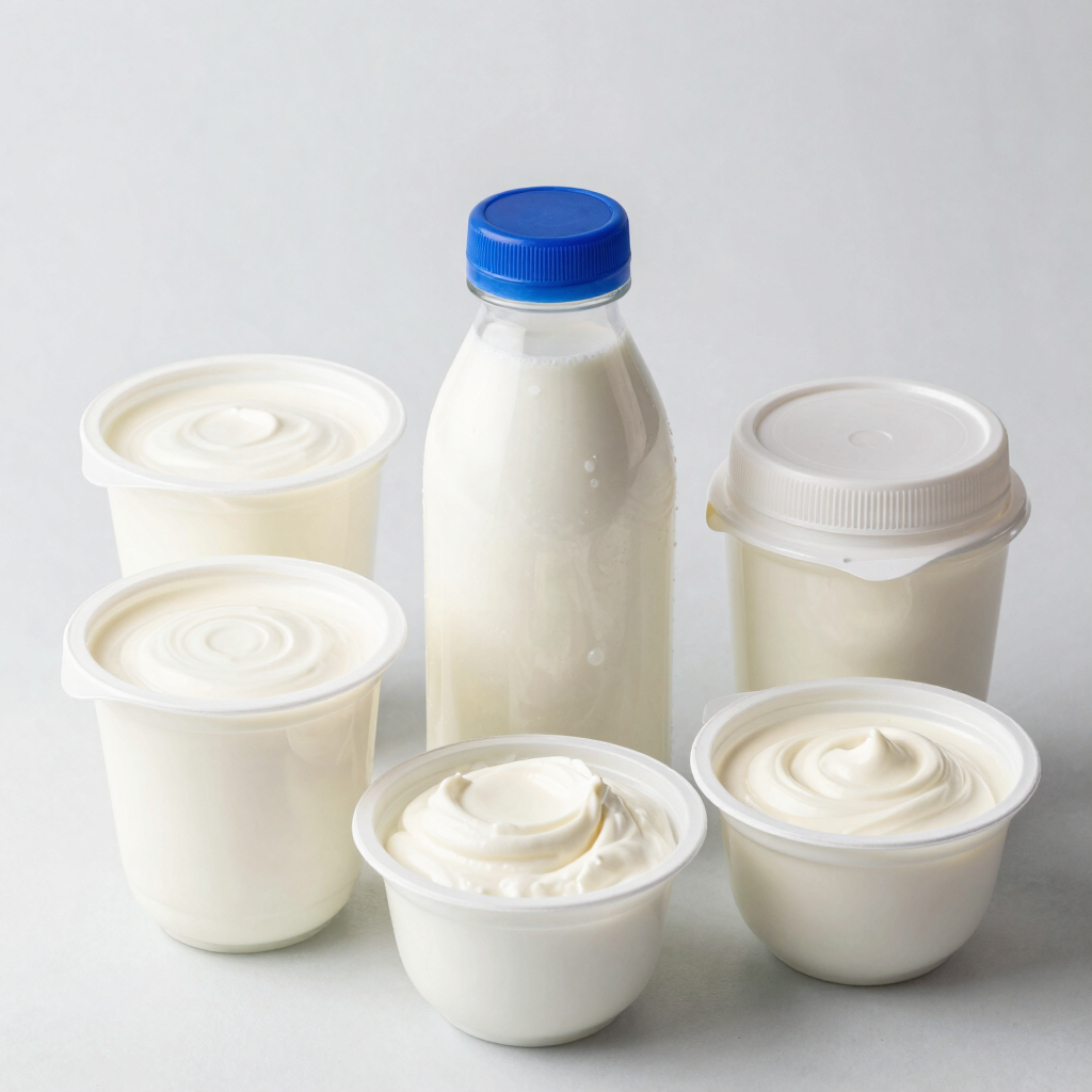 Stacked thermoformed cups and packaging bundles arranged neatly in a brightly lit warehouse.