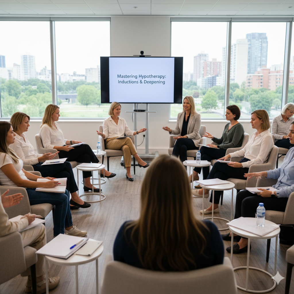 Professional hypnotherapy training workshop with students in a seminar room mastering inductions.