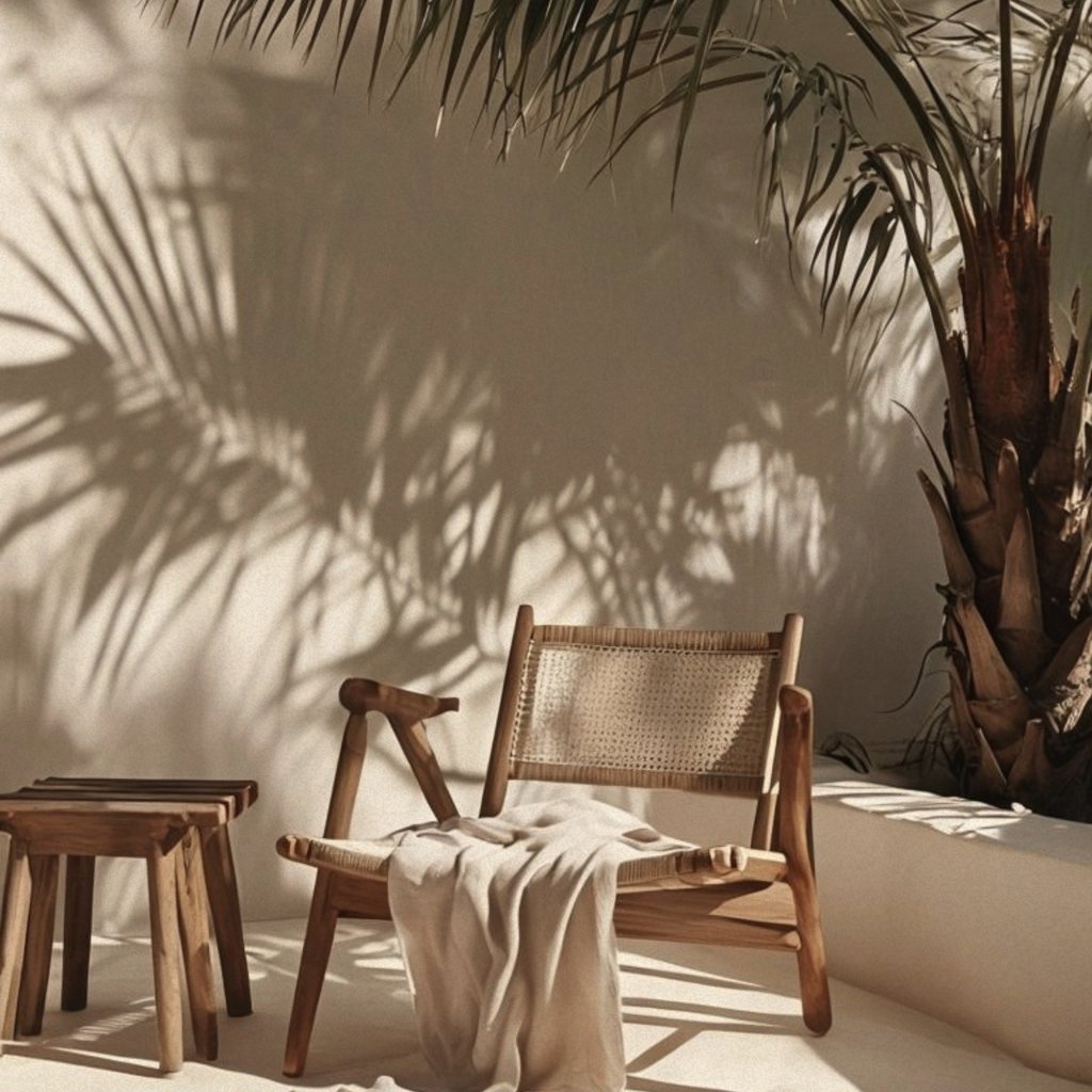 Woven wooden lounge chair with a beige throw blanket and palm tree shadows on a neutral wall.