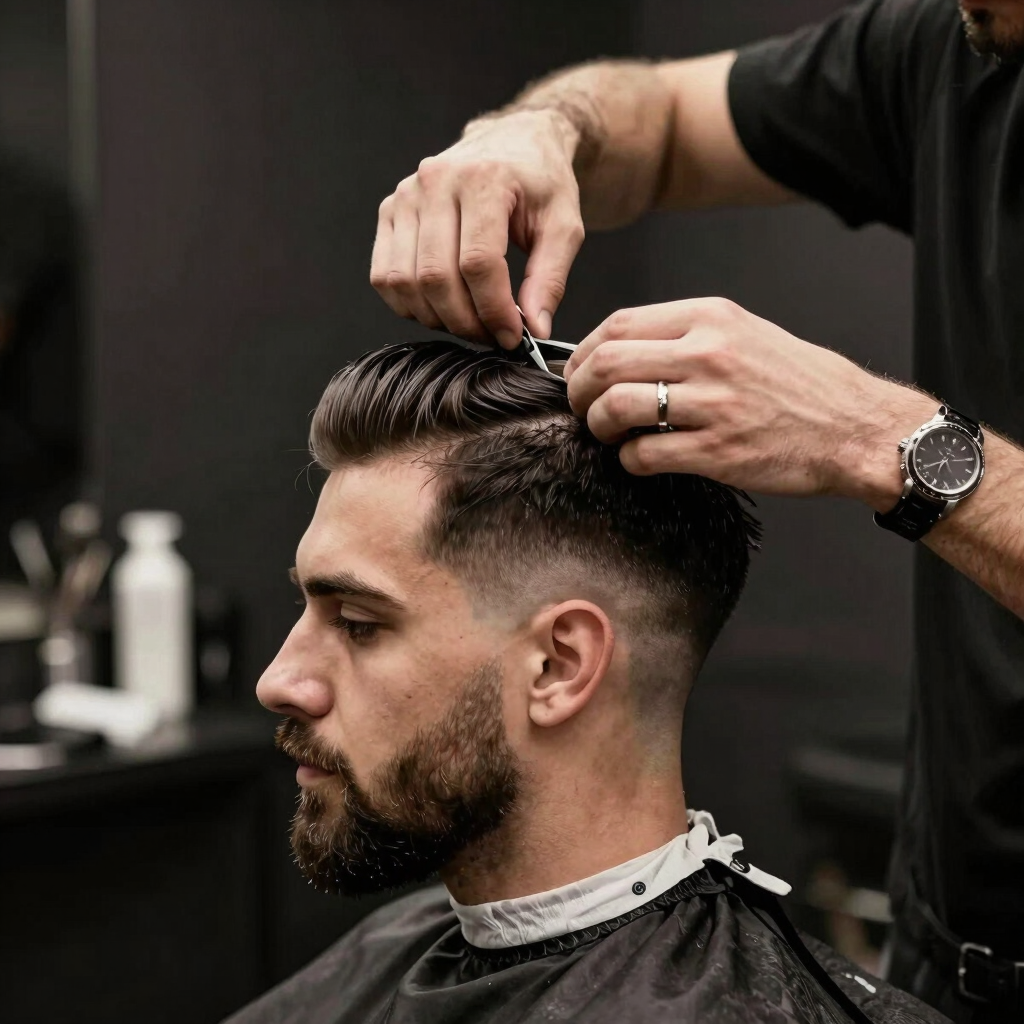 Barber shaping a client's beard carefully in a sleek, urban home environment.