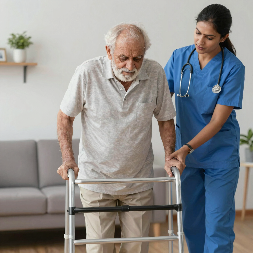 A gentle caregiver assisting an elderly patient with post-operative wound care in a calm, softly lit room.