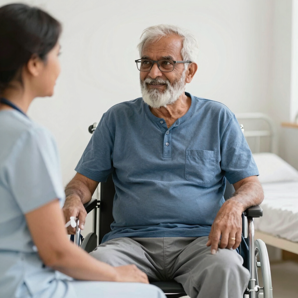 A gentle caregiver assisting an elderly patient with post-operative wound care in a calm, softly lit room.