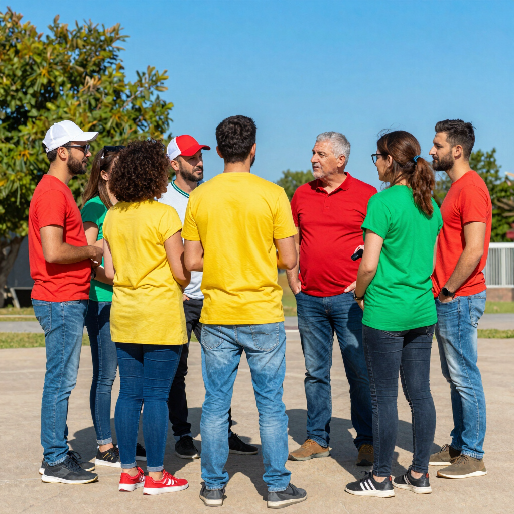 A diverse group of smiling individuals collaborating in a bright community space.