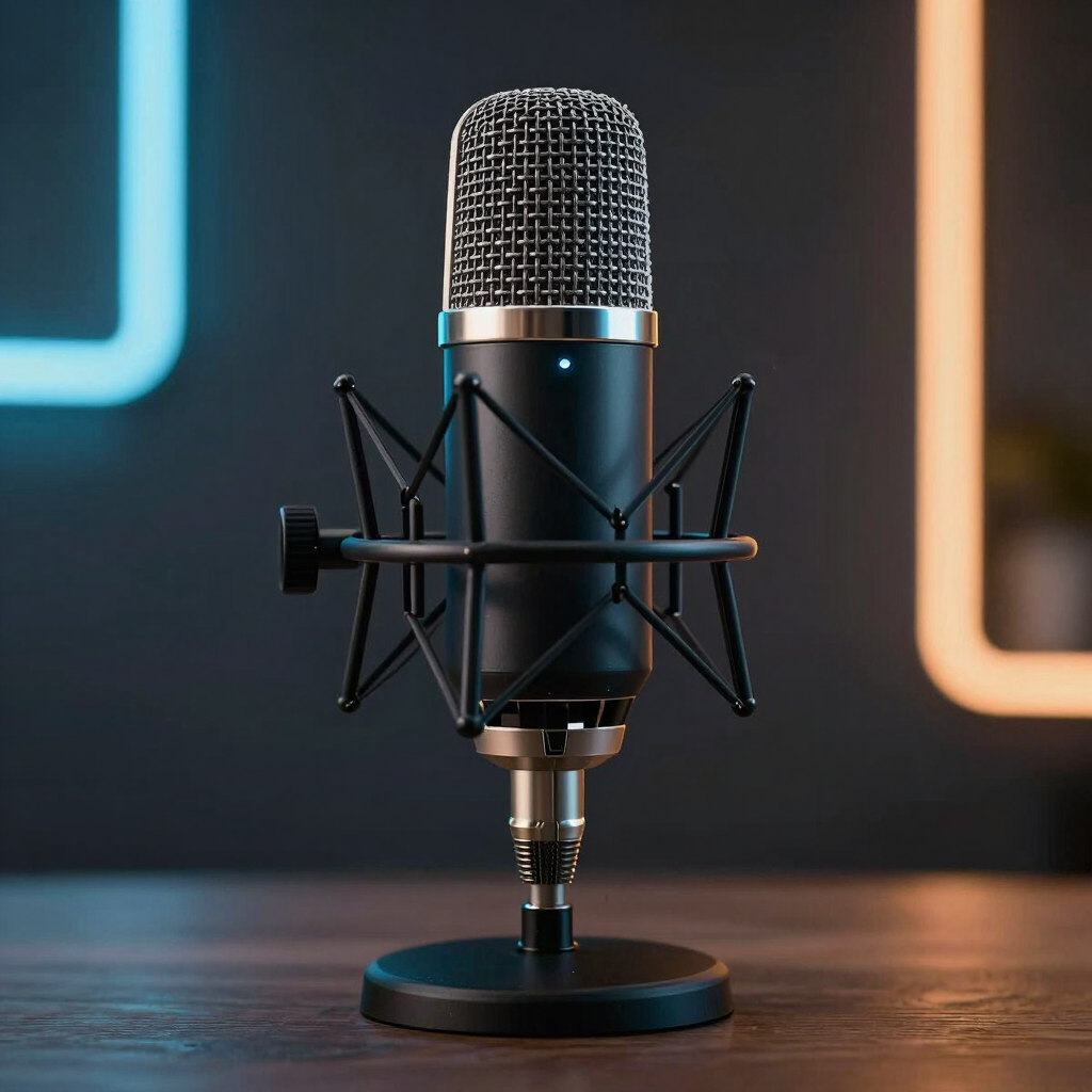 Close-up environmental shot of a podcast recording desk — a large-diaphragm condenser microphone on a boom arm centered in frame, mixer faders and level meters visible in the background, studio monitor speaker to the right, clinical strobe lighting revealing every knob and connector, no people, function-first framing
