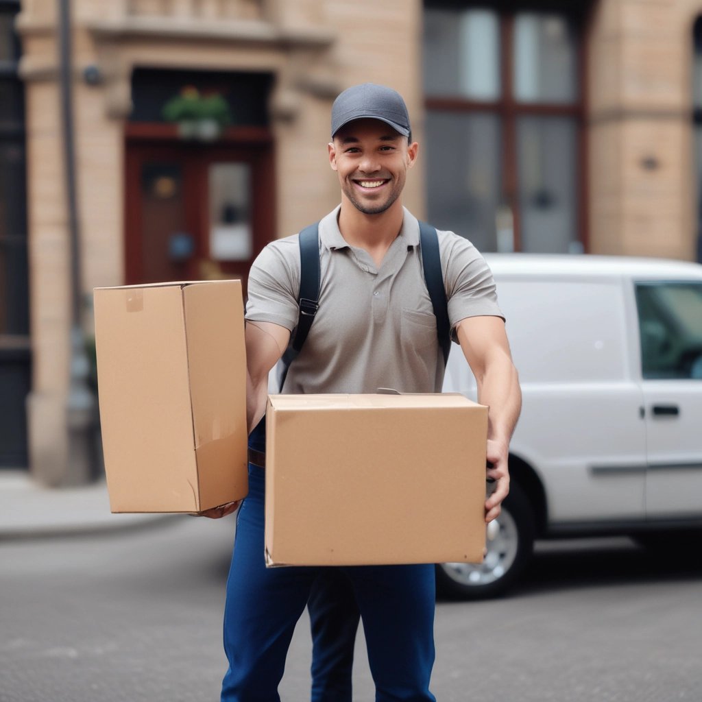A friendly Travon Logistics driver handing a package to a smiling customer outside a modern home.