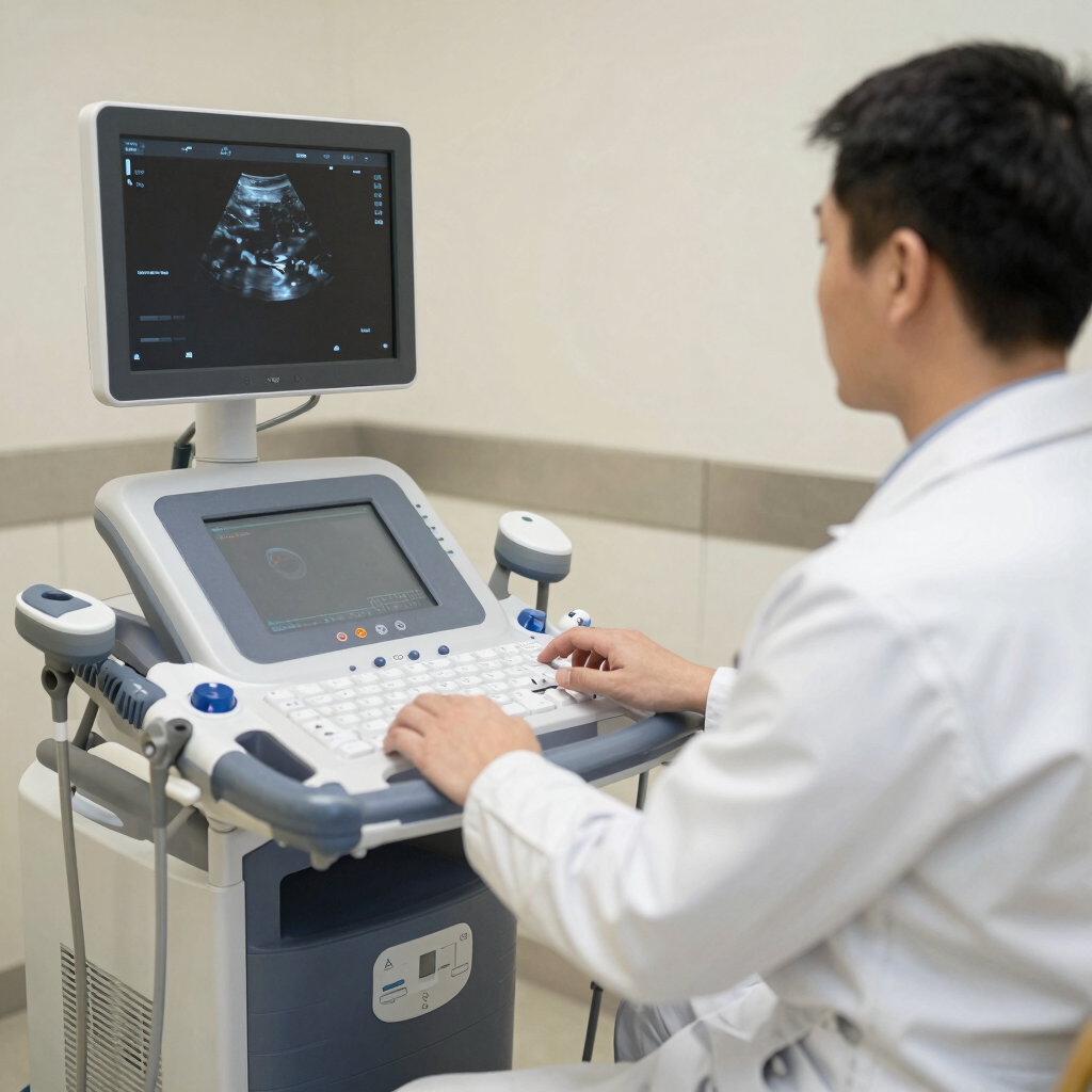 A male doctor in a white coat operates a medical ultrasound machine to perform a diagnostic scan.