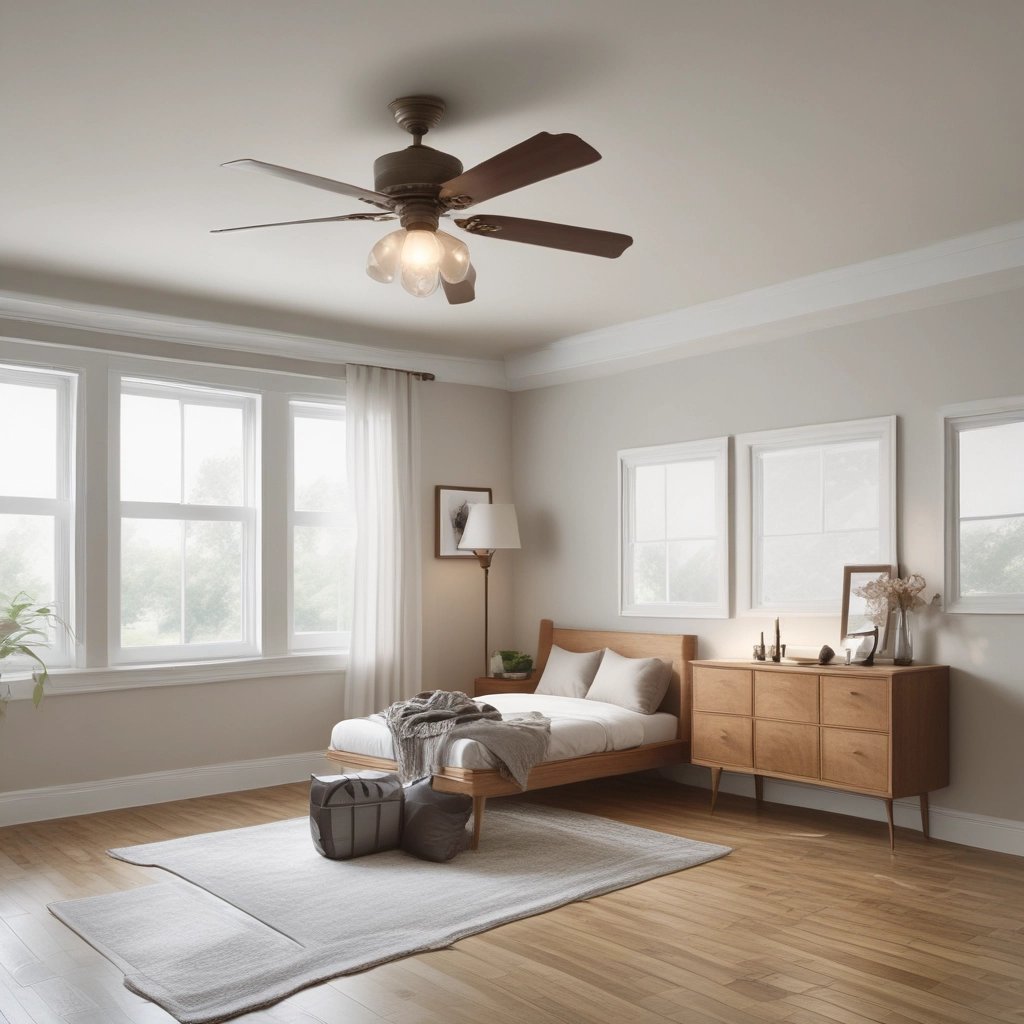 Modern bedroom with a dark wood ceiling fan, mid-century furniture, and natural light from large windows.