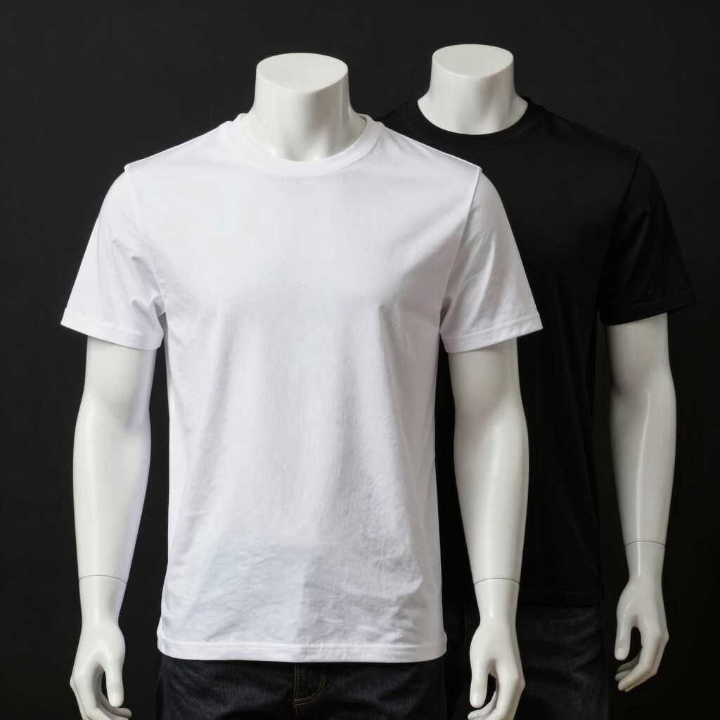 Mannequins wearing blank white and black cotton crew neck t-shirts for apparel mockup.