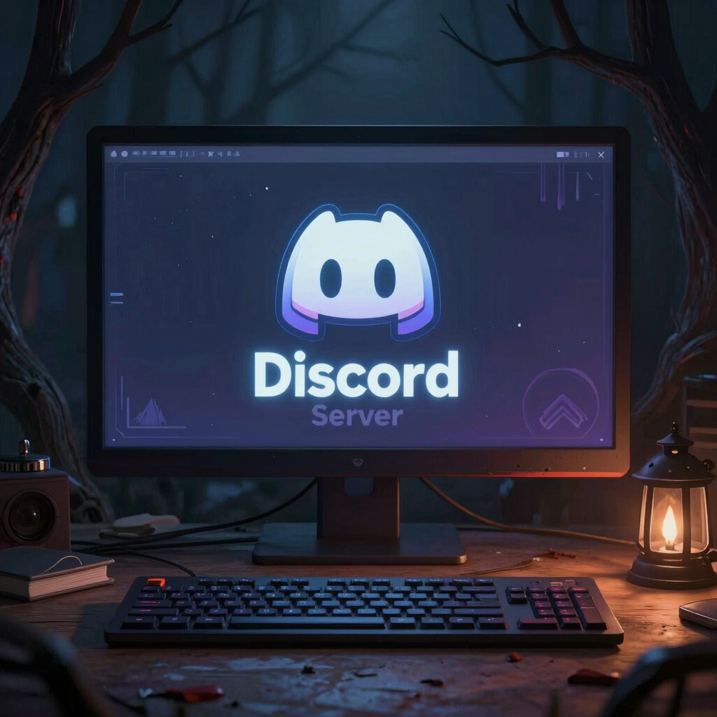 Group of gamers chatting and enjoying a horror survival game in a dark neon-lit room.