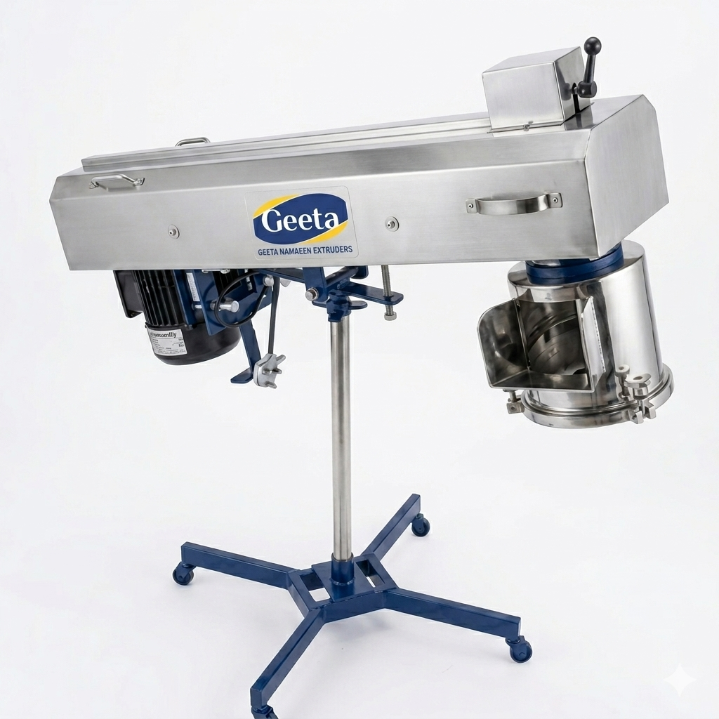 Geeta stainless steel industrial namkeen extruder machine for food processing on a blue rolling stand.