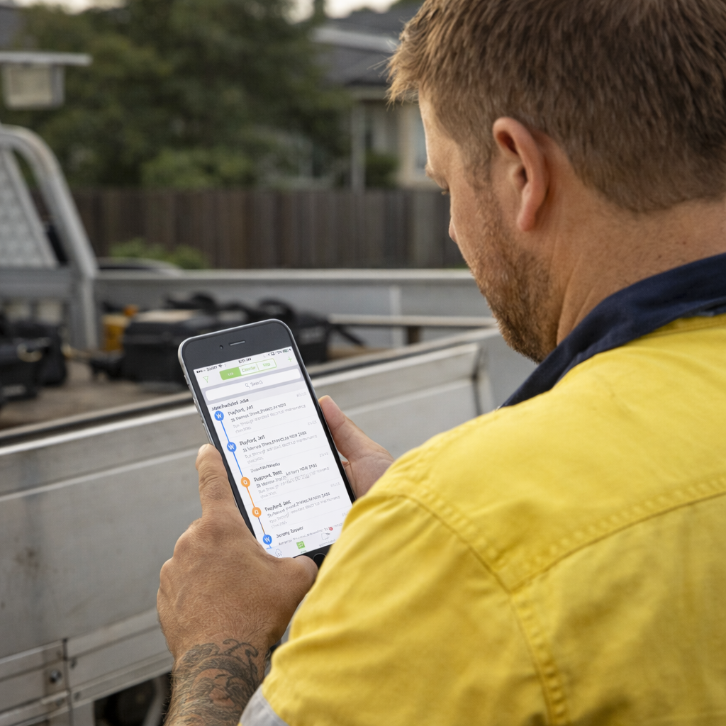 Tradie checking workflow and scheduling on mobile
