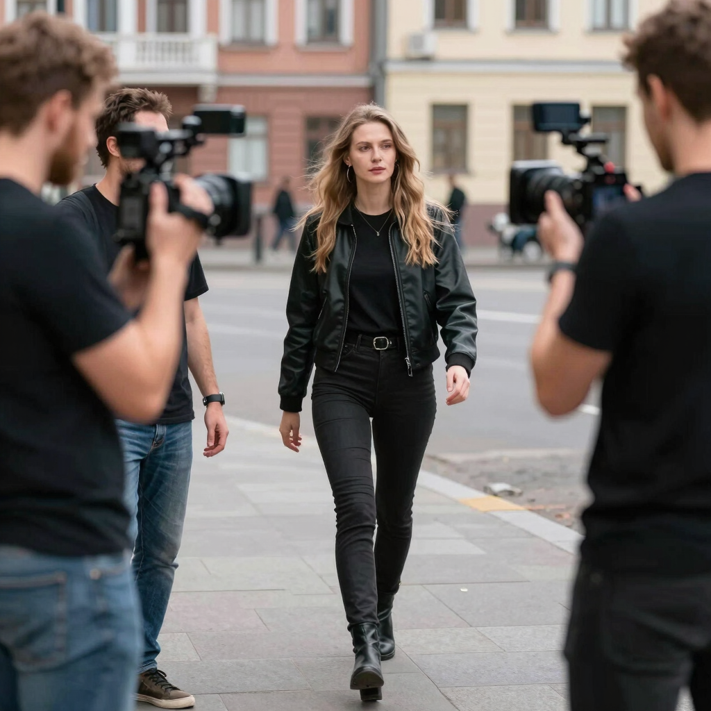 A Russian content creator capturing a scenic winter landscape for their video.