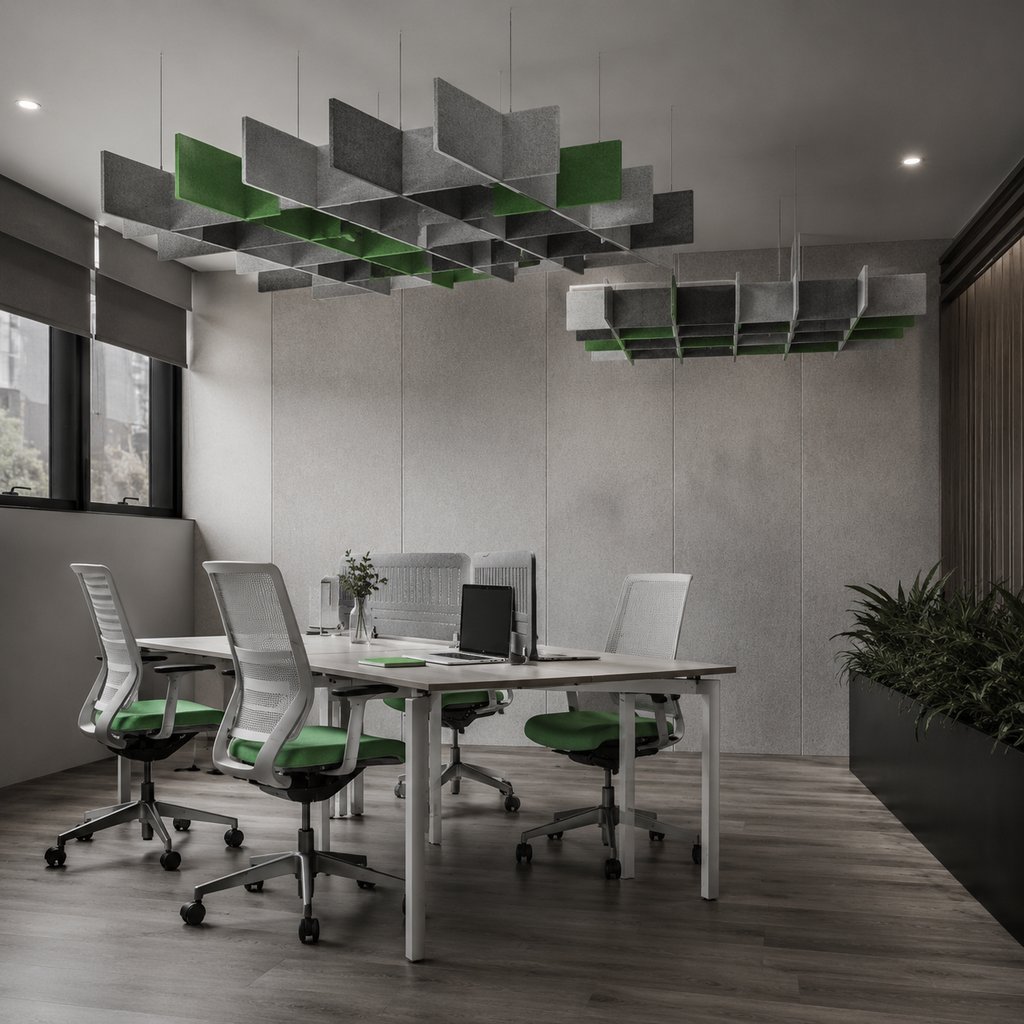 Modern office with ergonomic green chairs and hanging acoustic ceiling baffles for sound absorption.