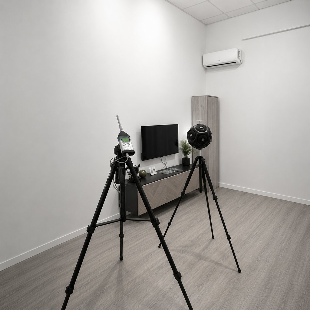 Professional sound level meter and 360-degree acoustic camera on tripods performing room acoustics testing.