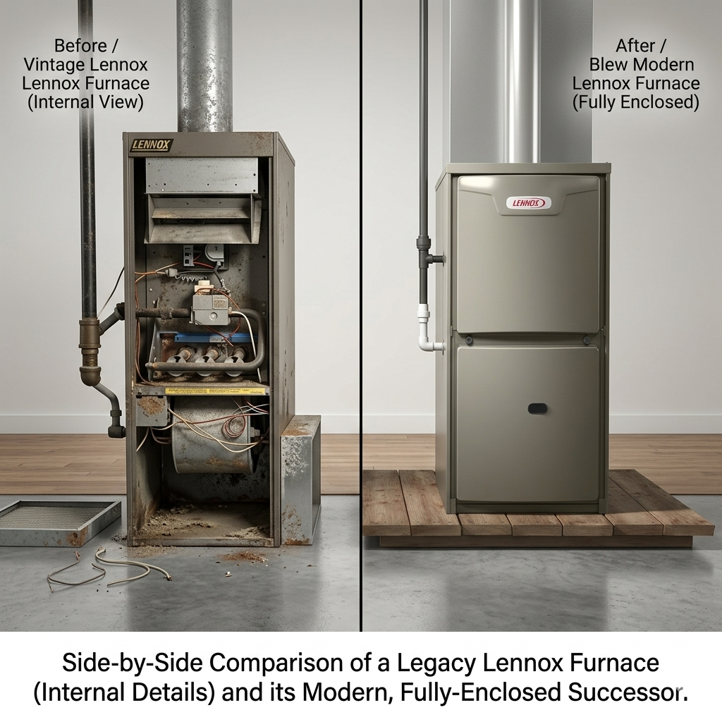 Side-by-side comparison of a vintage Lennox furnace and a modern energy-efficient HVAC replacement.