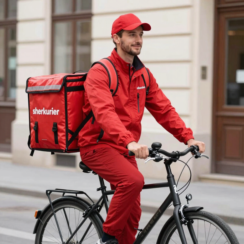 Courier on a bicycle weaving through city traffic with a delivery bag