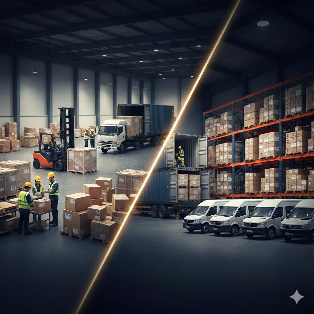 Logistics warehouse operations showing workers, forklifts, delivery vans, and organized cargo storage.