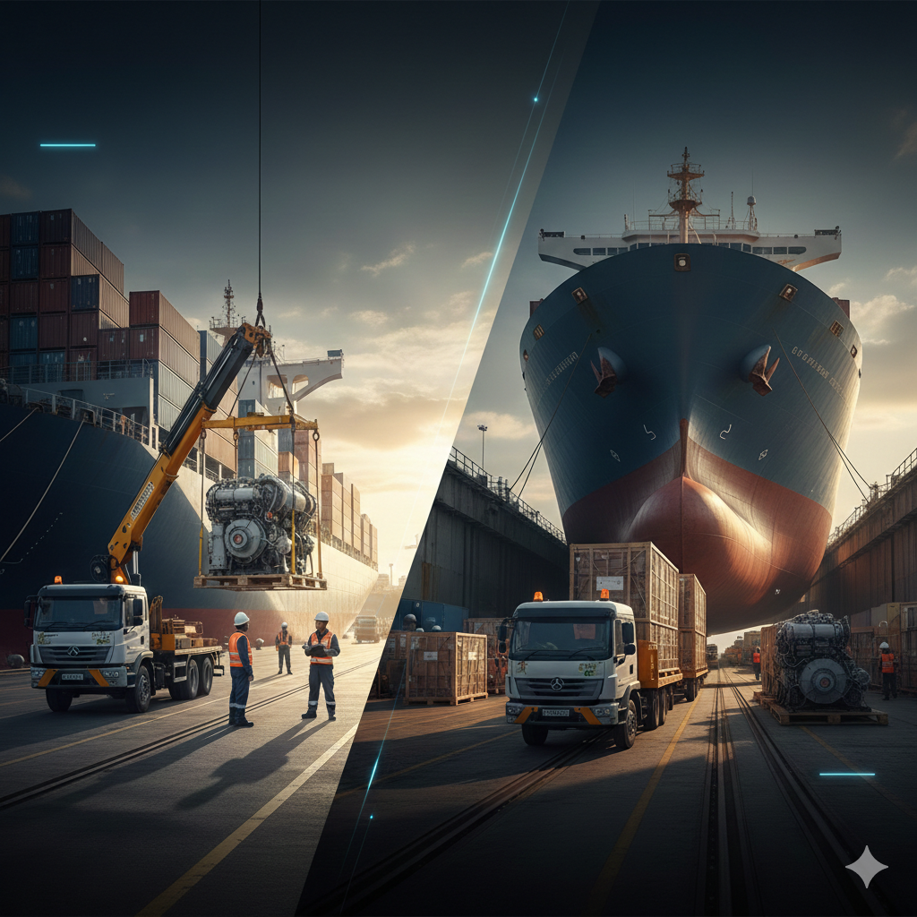Logistics workers and cranes loading heavy cargo onto a container ship at a busy industrial shipping port.