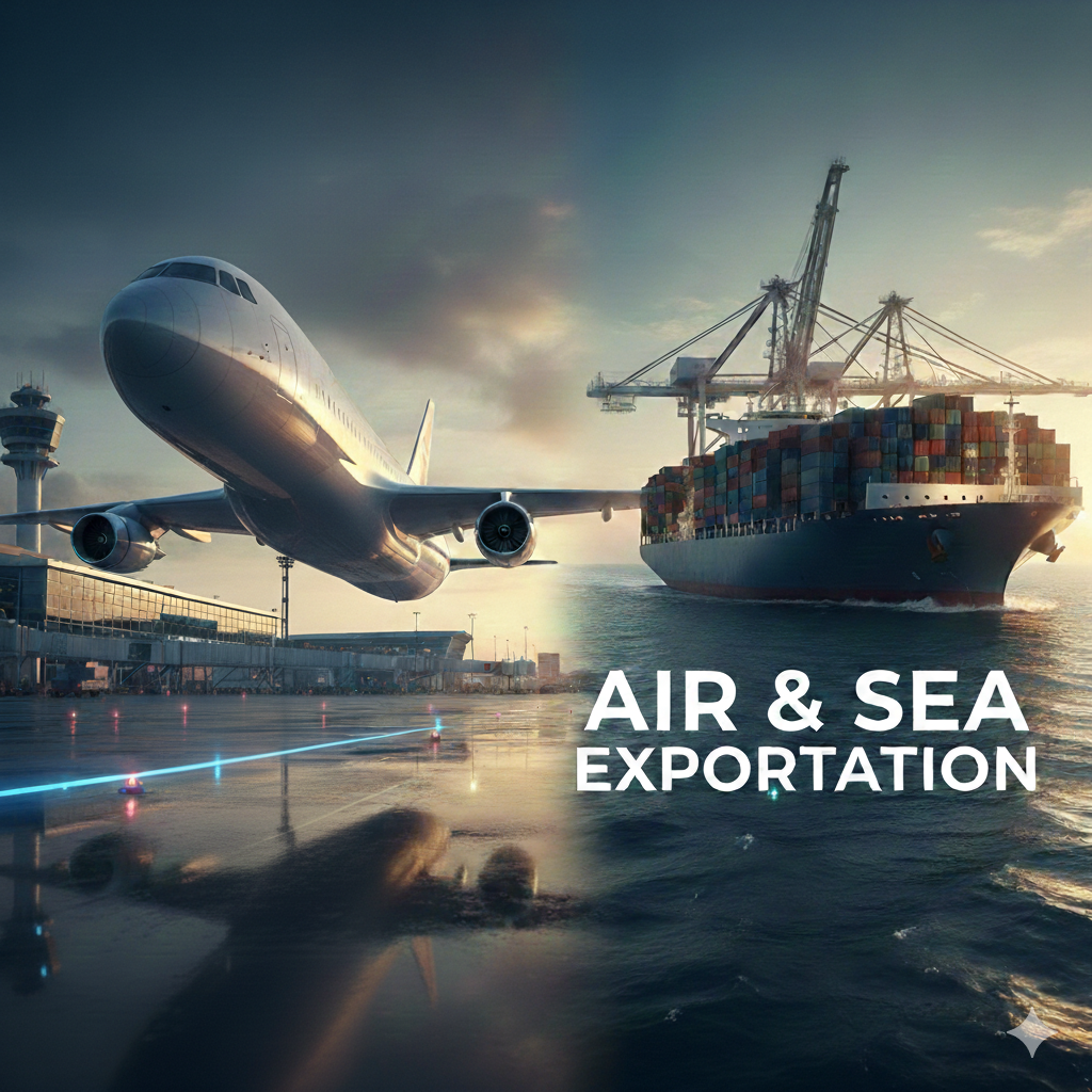 A cargo airplane taking off and a container ship at sea representing global air and sea exportation services.