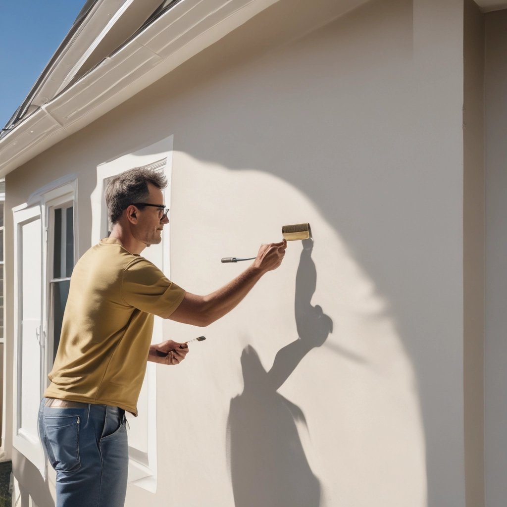Professional painter applying beige exterior house paint with a roller on a residential wall.