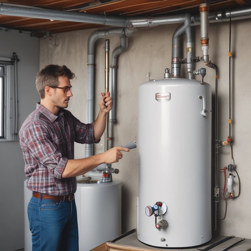 A male plumber performing a water heater inspection and maintenance in a residential basement.