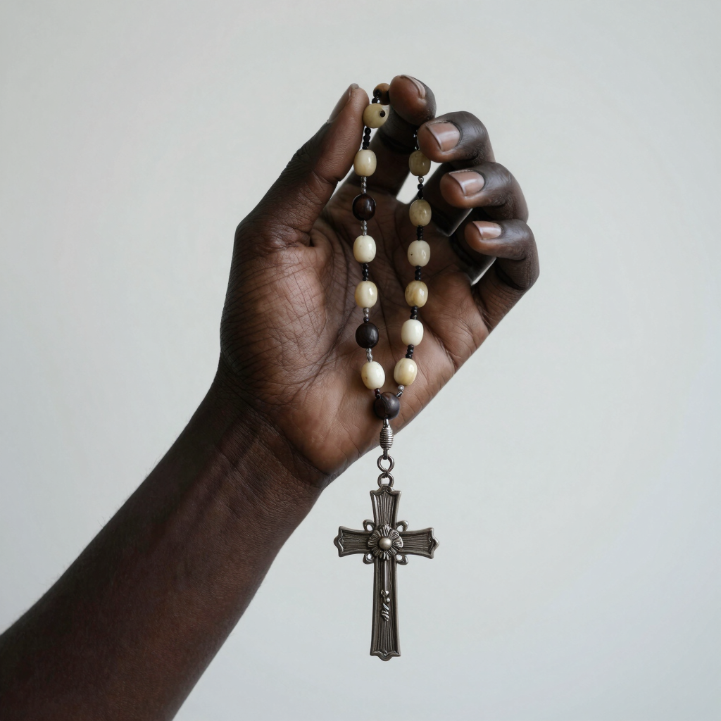 Hands holding a rosary gently over a modern minimalist wooden table.