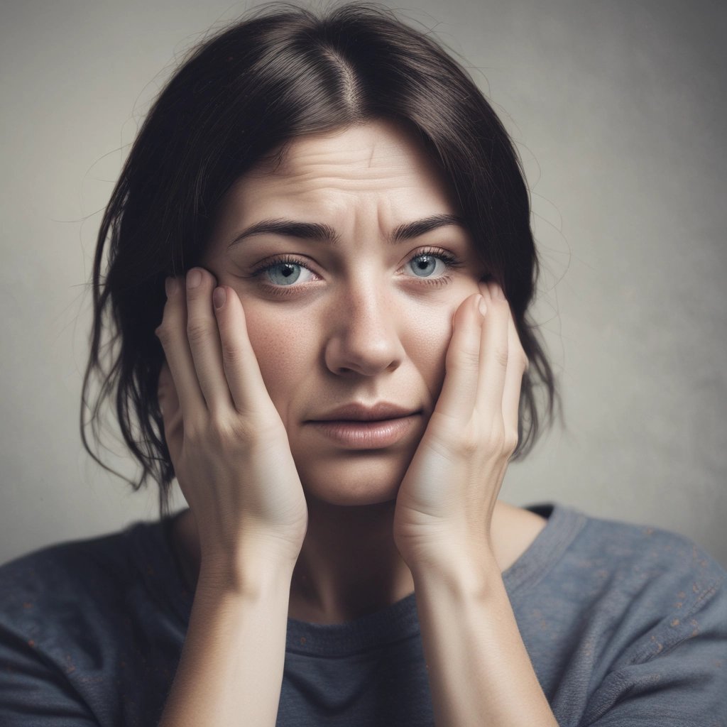 A close up of a woman showing unresolved trauma or anxiety.