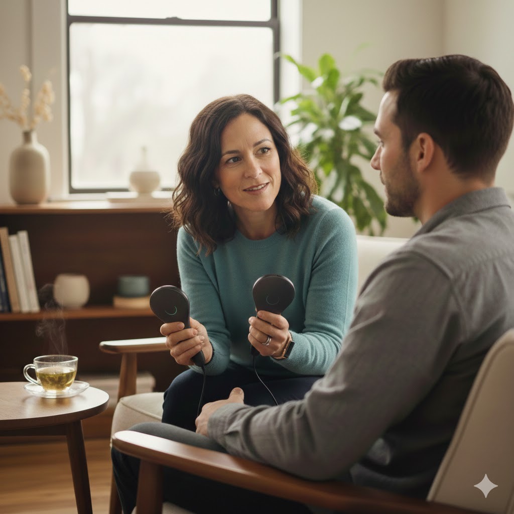 An inviting therapeutic space where a therapist and client engage EMDR to heal trauma.