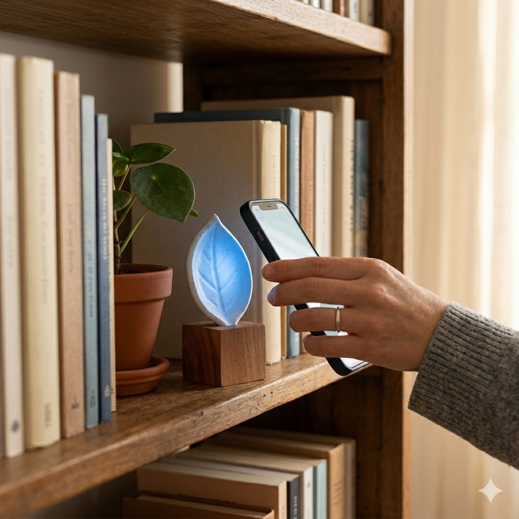 Uma pessoa usando um smartphone para controlar uma lâmpada LED de cerâmica em formato de folha, fixa