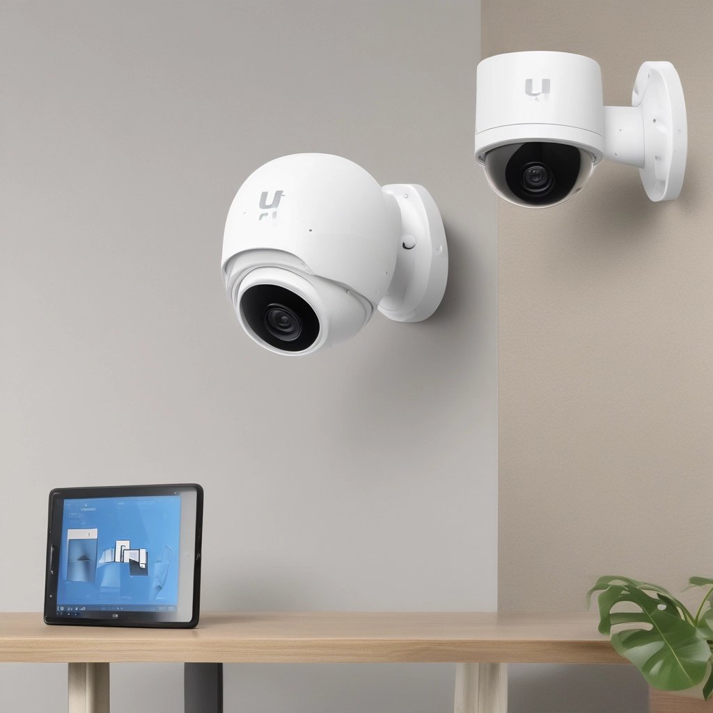 Close-up of a security camera mounted on a building exterior at dusk.