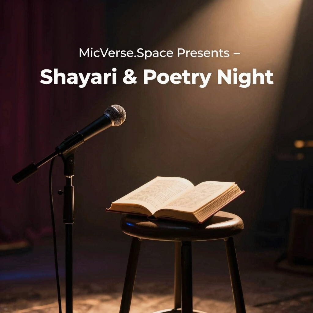 A close-up of a microphone with a softly lit stage background, ready for poets.