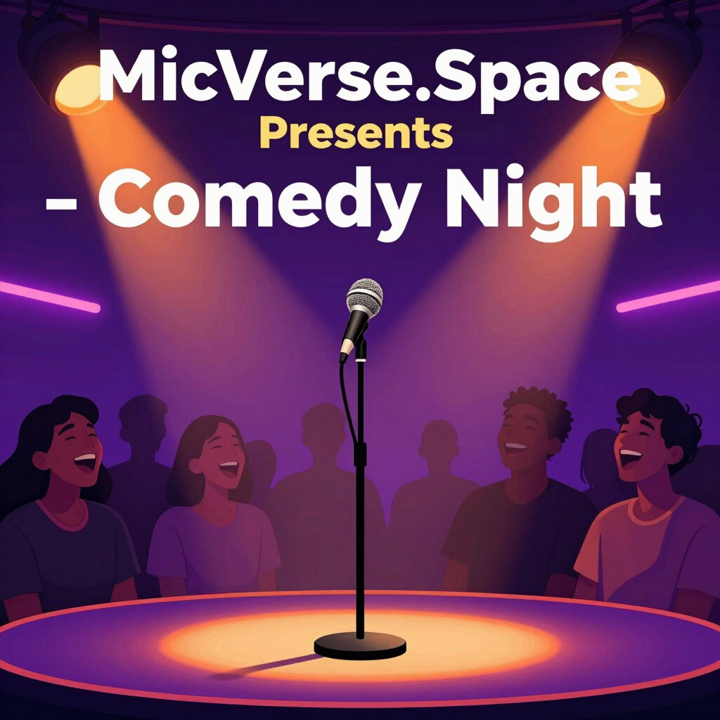 A lively comedian on stage under warm spotlights, engaging an amused audience.